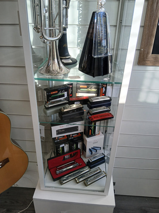 Selection of harmonicas displayed showing different types and keys for beginners