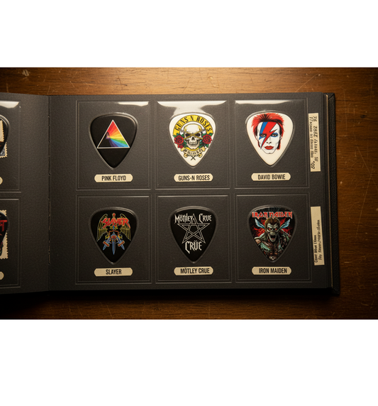 Collection of band artwork guitar picks including Pink Floyd, Guns N Roses, David Bowie, Slayer, Mötley Crüe and Iron Maiden displayed in a collector's album