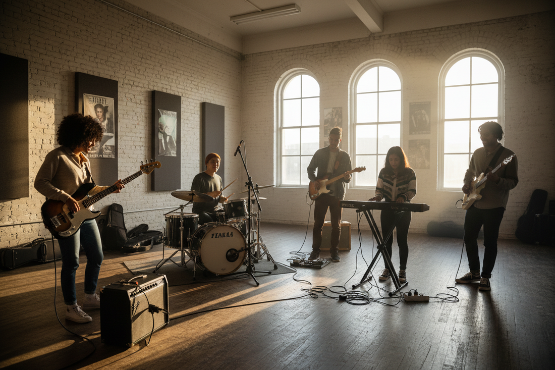 Band rehearsal space showing musicians practicing together with instruments and equipment