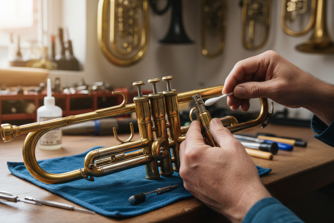 Brass instrument maintenance and care supplies including cleaning tools and valve oil