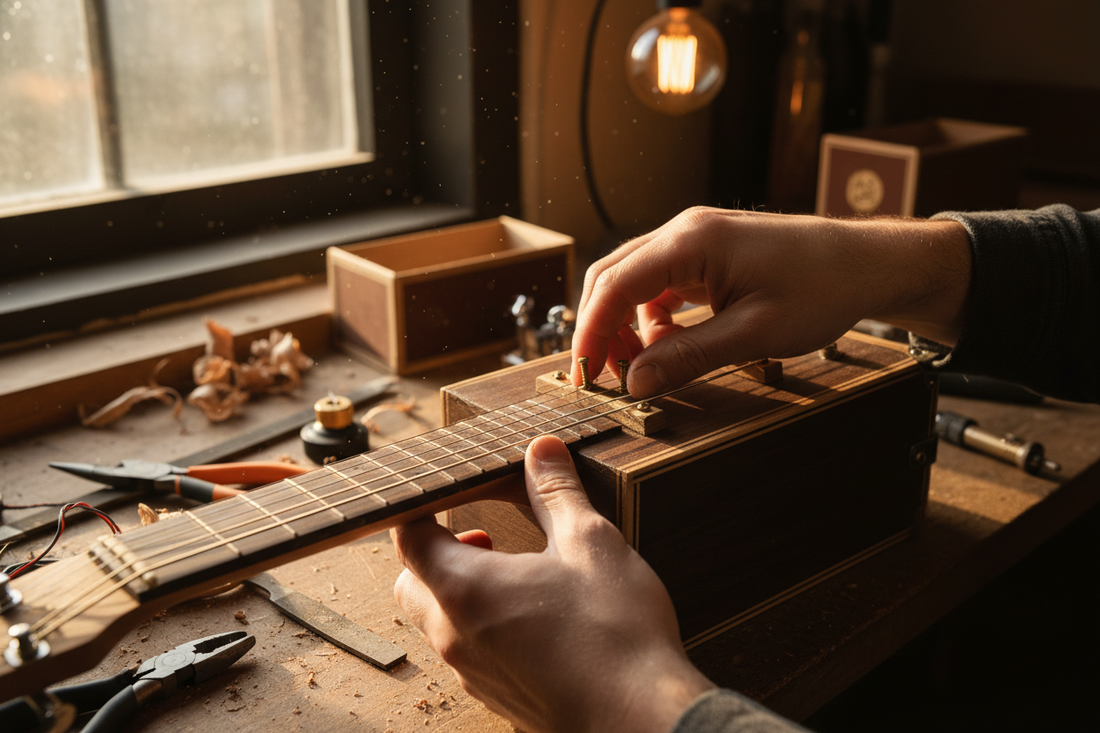 Close-up of cigar box guitar building process showing assembly of parts and components
