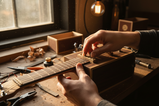 Close-up of cigar box guitar building process showing assembly of parts and components