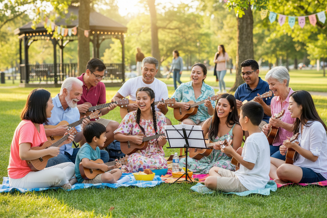 Community ukulele jam session with diverse group of musicians playing together