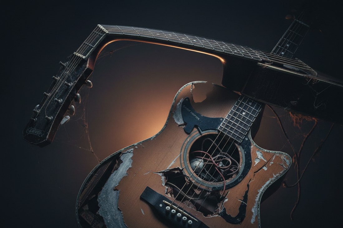 Damaged guitar showing hidden problems from second-hand purchase