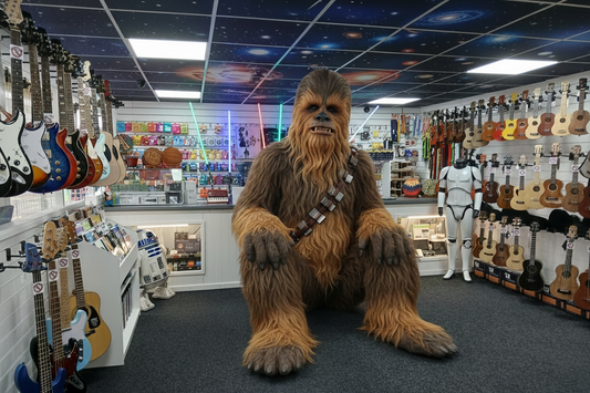 A giant Wookiee sitting in Music Bits music shop surrounded by guitars and ukuleles, with a Star Wars themed makeover