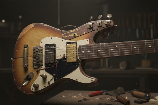 Frankensteined guitar showing mismatched parts and components from different manufacturers