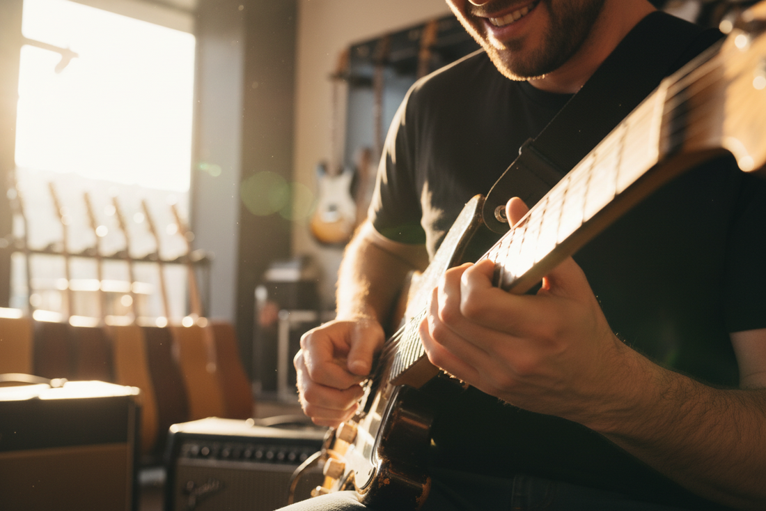 Guitarist playing with passion and technique demonstrating professional instrument setup and quality