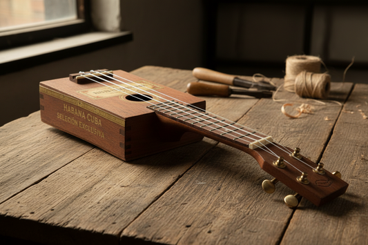 Handmade cigar box ukulele showing DIY construction with quality ukulele parts