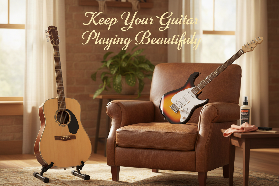 Guitar maintenance and care guide showing proper cleaning techniques
