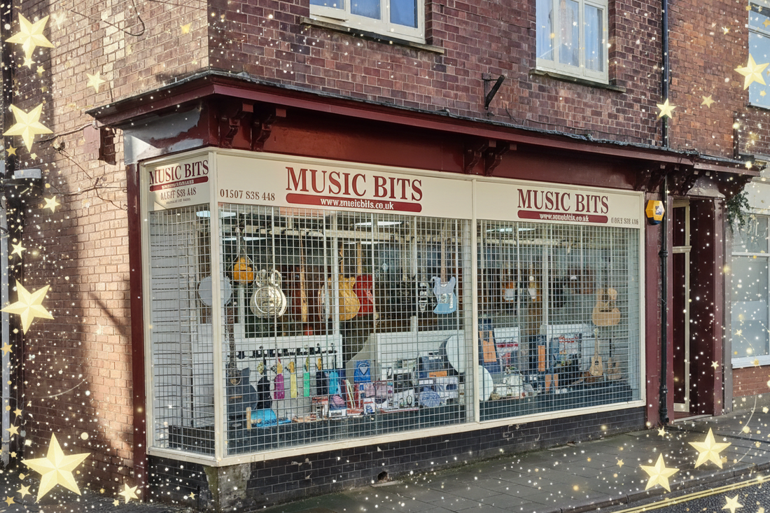 Music Bits shopfront on Alford High Street with illuminated stars