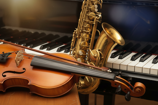 Close-up of musical instruments in a music shop window
