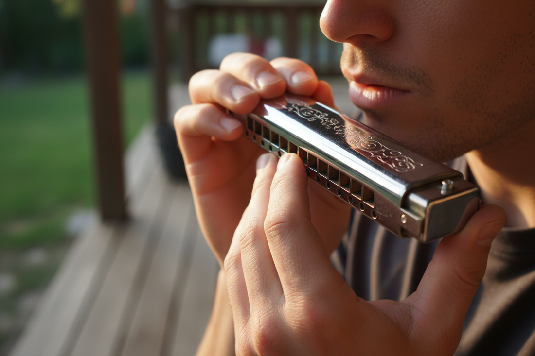 Close-up of person playing harmonica, showing proper hand position and technique