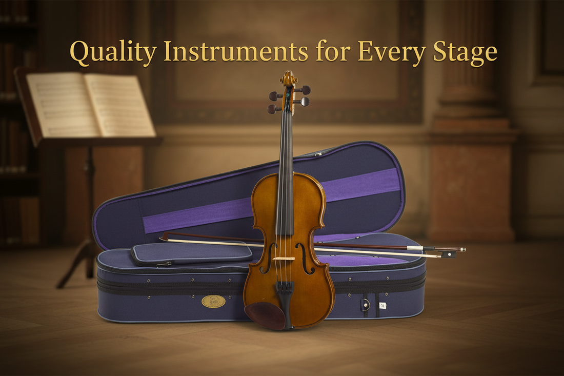 Stentor quality violins showing range of student and intermediate instruments for every stage