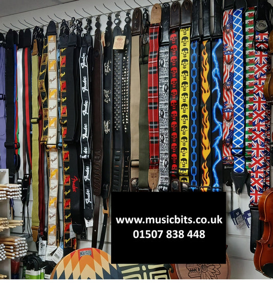 Guitar strap selection guide showing different strap types and materials