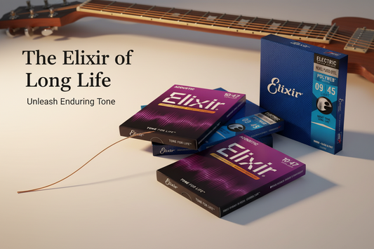 Elixir guitar strings coiled display showing long-lasting coated strings