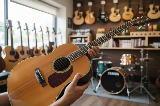 Customer trying instruments in person at local music shop showing hands-on shopping experience