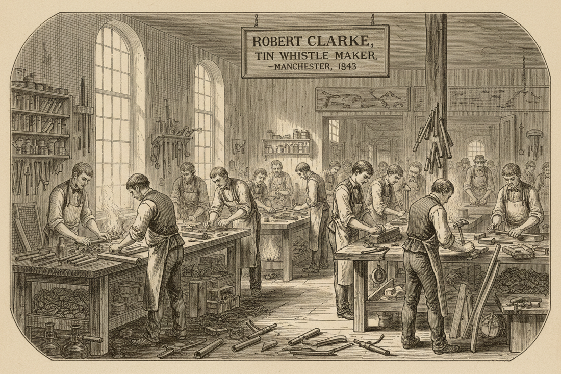 Victorian-era workshop scene depicting traditional tin whistle manufacturing in 19th century England