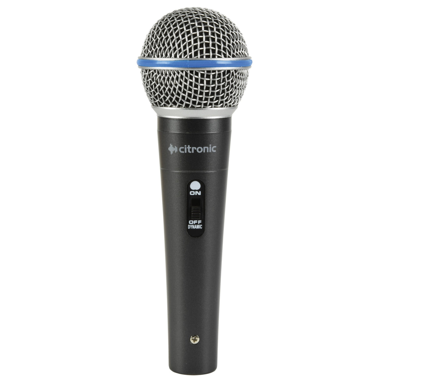 Citronic DM15 dynamic vocal microphone with a metal body, a black colour scheme, a blue trim around the grille, and an XLR connection.