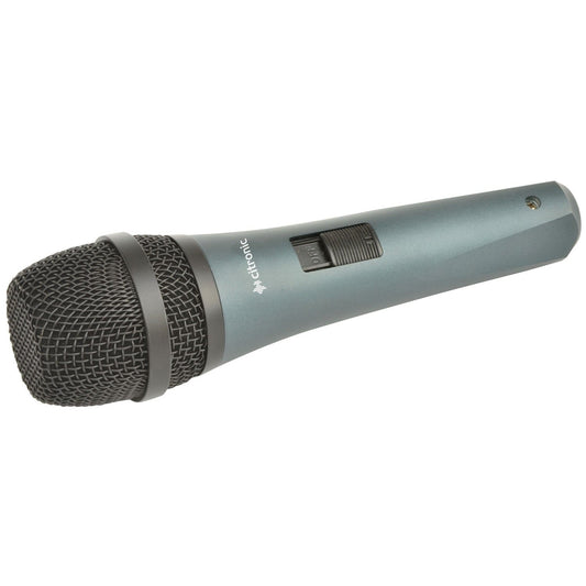 A Citronic dynamic vocal microphone with a metal body, black mesh grille, and a gray switch on the side.