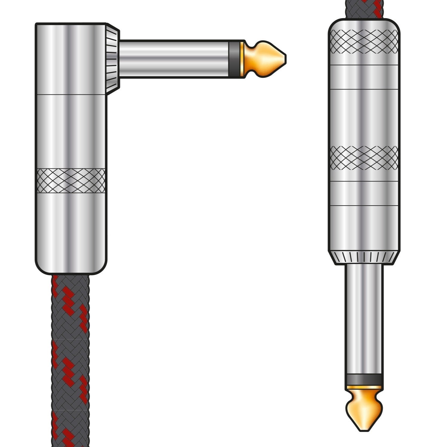 Citronic Retro Braided Guitar Lead 6.3mm Angled to Mono 1/4" Jack Plug BLACK/RED