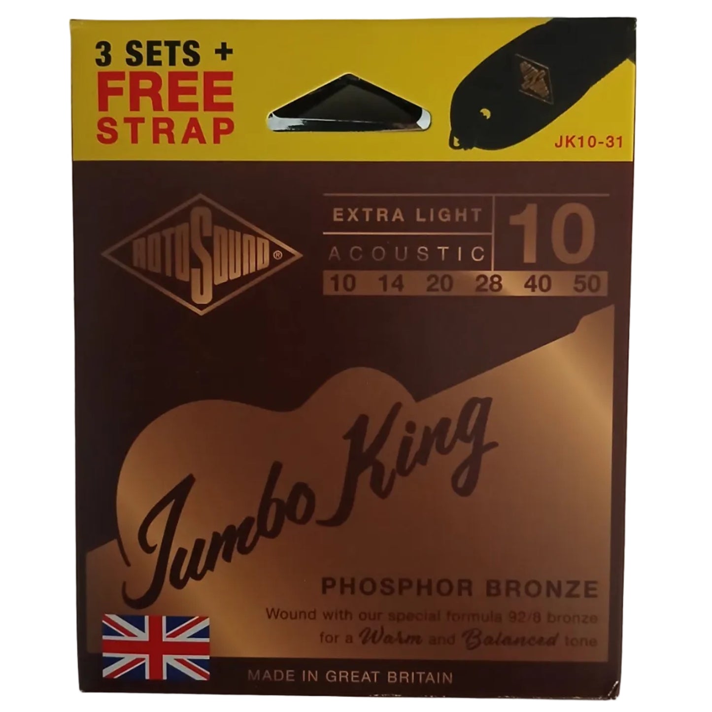 Rotosound Acoustic Guitar Strings 10-50 Jumbo King 3-Pack FREE STRAP