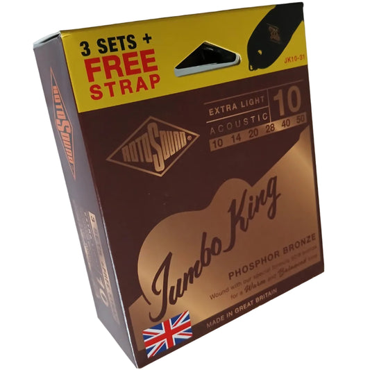 Rotosound Acoustic Guitar Strings 10-50 Jumbo King 3-Pack FREE STRAP