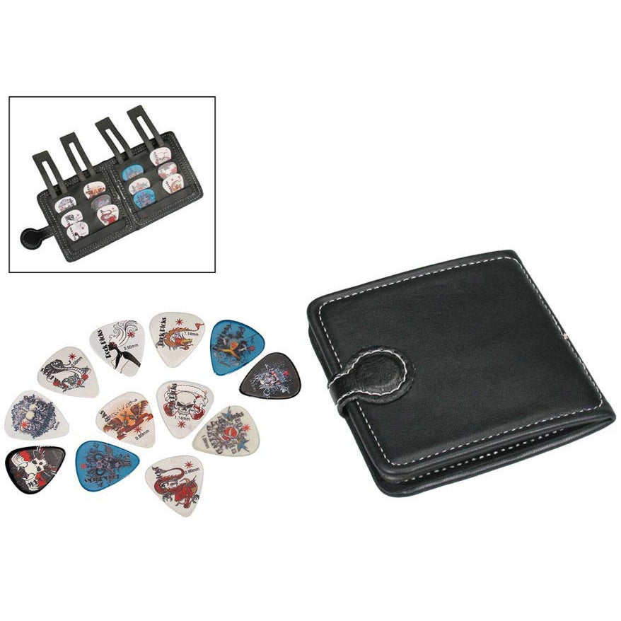 Pick Wallet With 12 Skull & Bones Plectrums Mixed Gauges