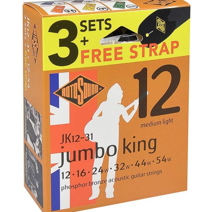 Rotosound Acoustic Guitar Strings 12-54 Jumbo King 3-Pack FREE STRAP JK12