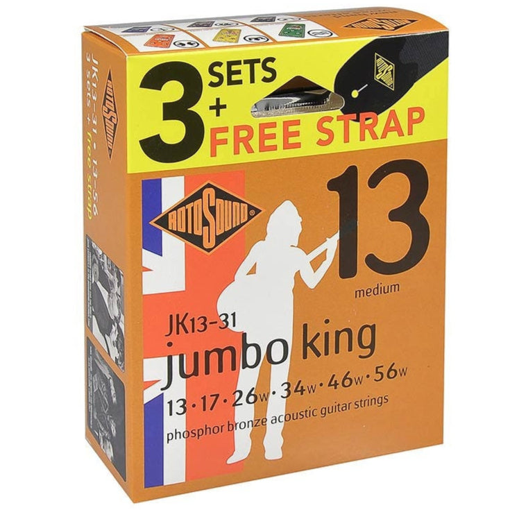 Rotosound Acoustic Guitar Strings 13-56 Jumbo King 3-Pack FREE STRAP