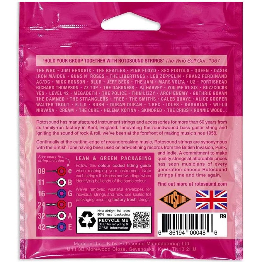 Rotosound Pinks Super Light Electric Guitar String Set 9-42 R9 FREE EXTRA 1st STRING