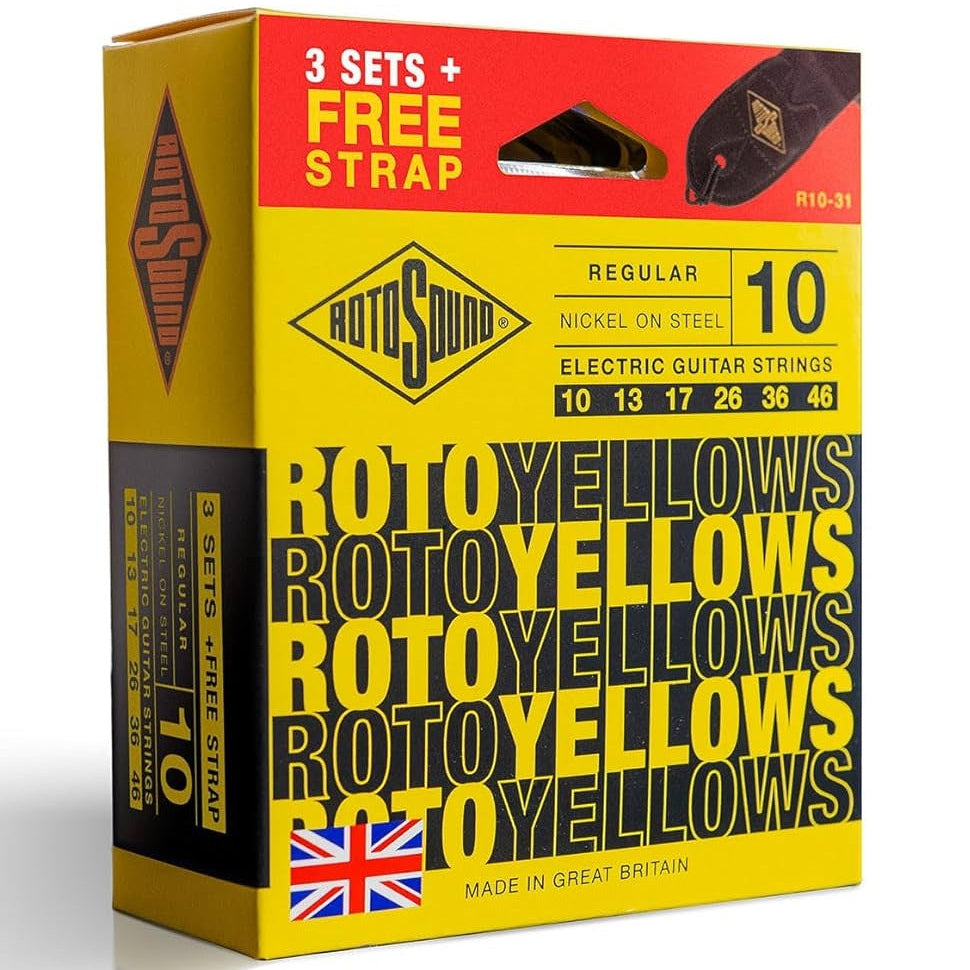 Electric Guitar Strings 10-46 Yellows 3-Pack FREE STRAP RotoSound