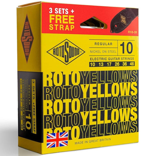 Electric Guitar Strings 10-46 Yellows 3-Pack FREE STRAP RotoSound