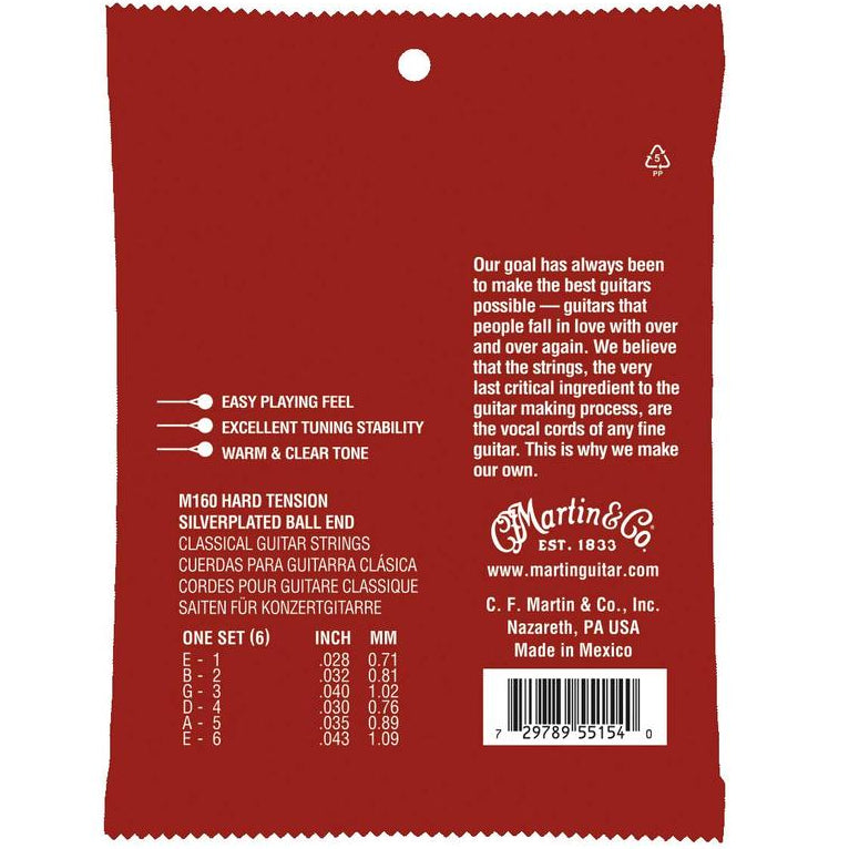 Martin Classical Guitar String Set Hard Tension Ball End M160