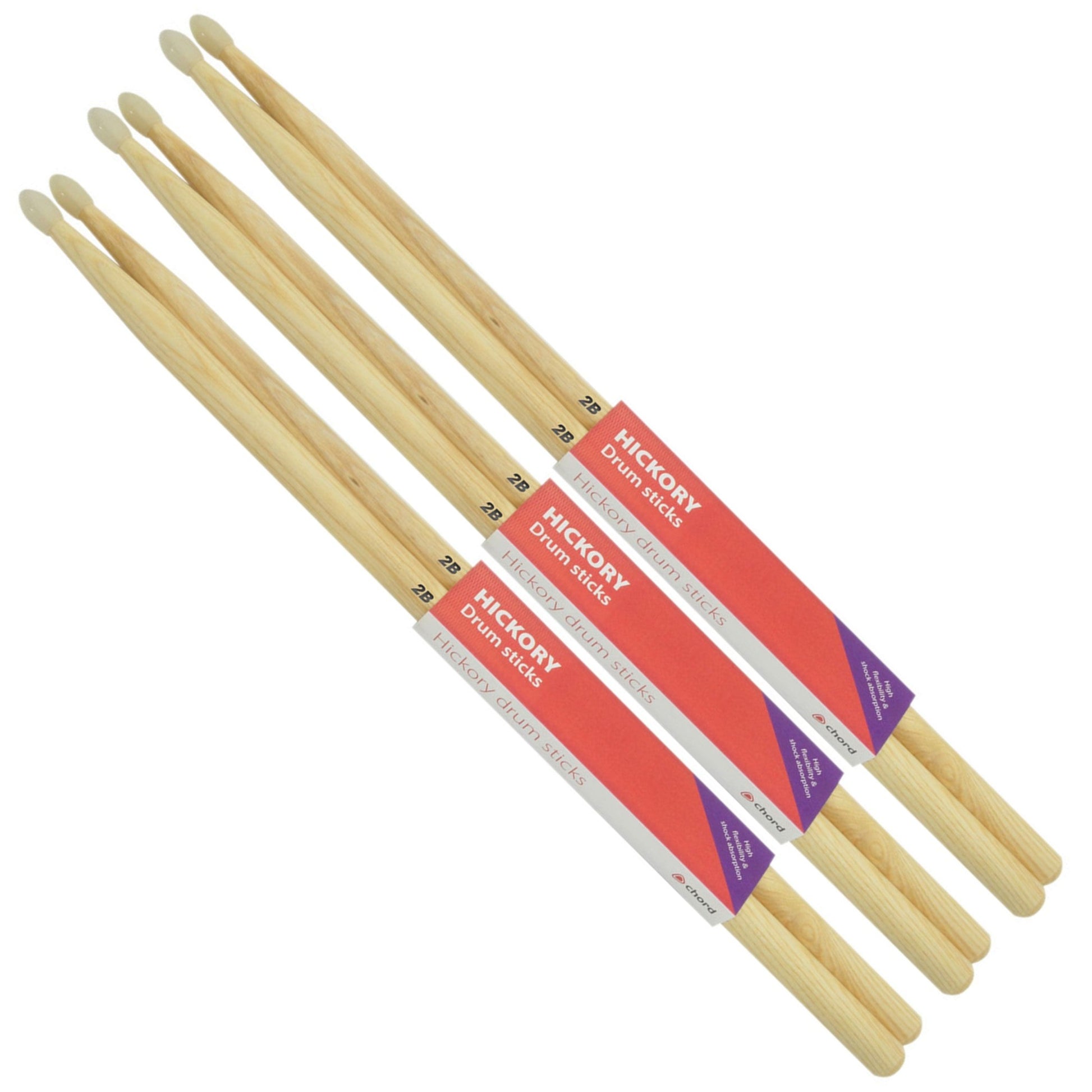 Chord Hickory Drumsticks Bundle of 3 Pairs 2B NYLON TIP