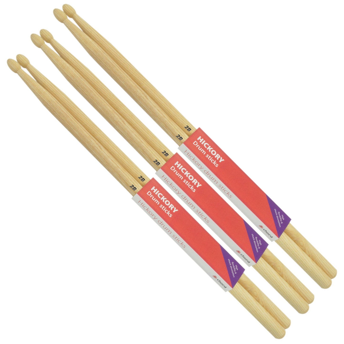 Chord Hickory Drumsticks 2B WOOD TIP Bundle 3 Pairs