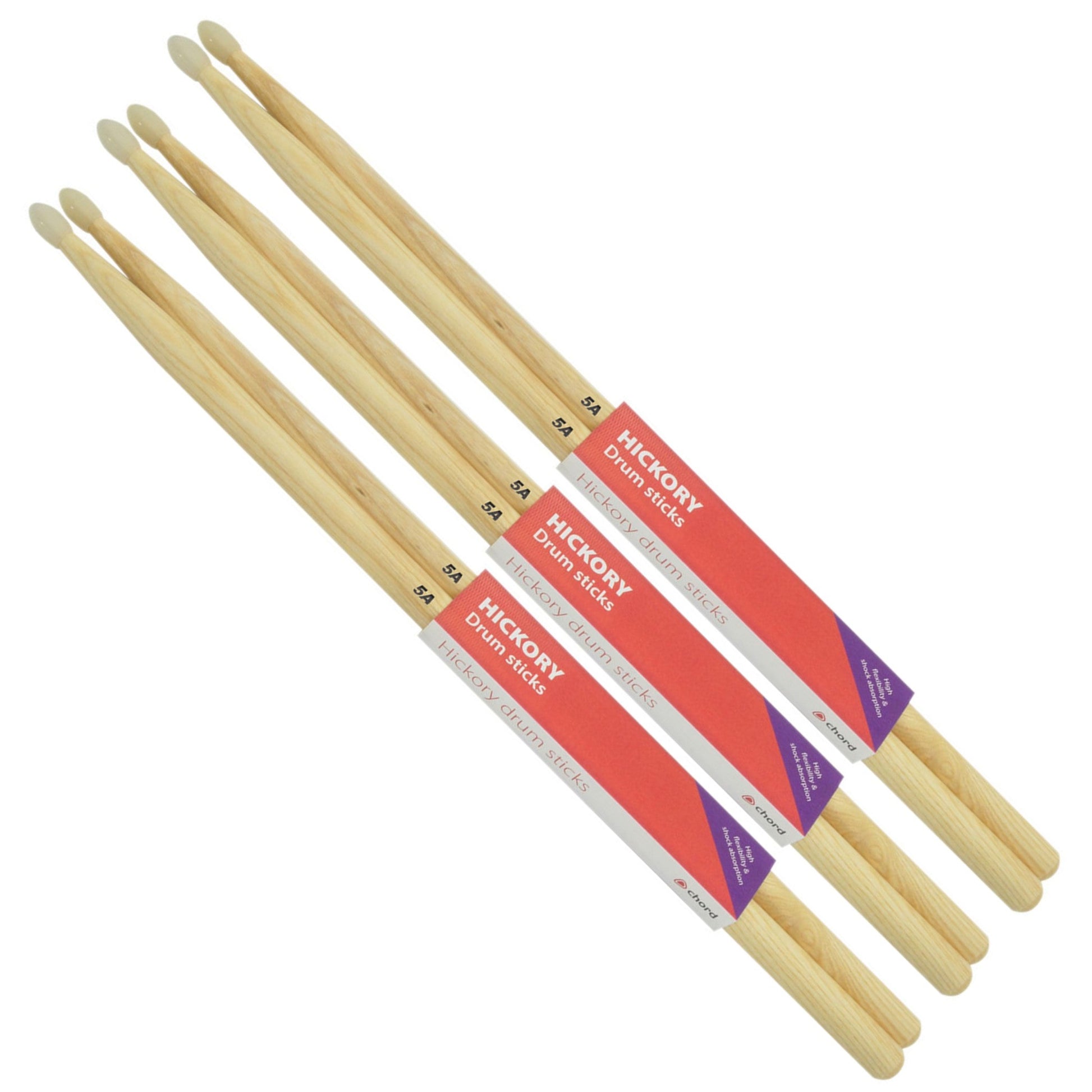 Chord HICKORY Drumsticks 5A NYLON TIP Bundle 3 Pairs