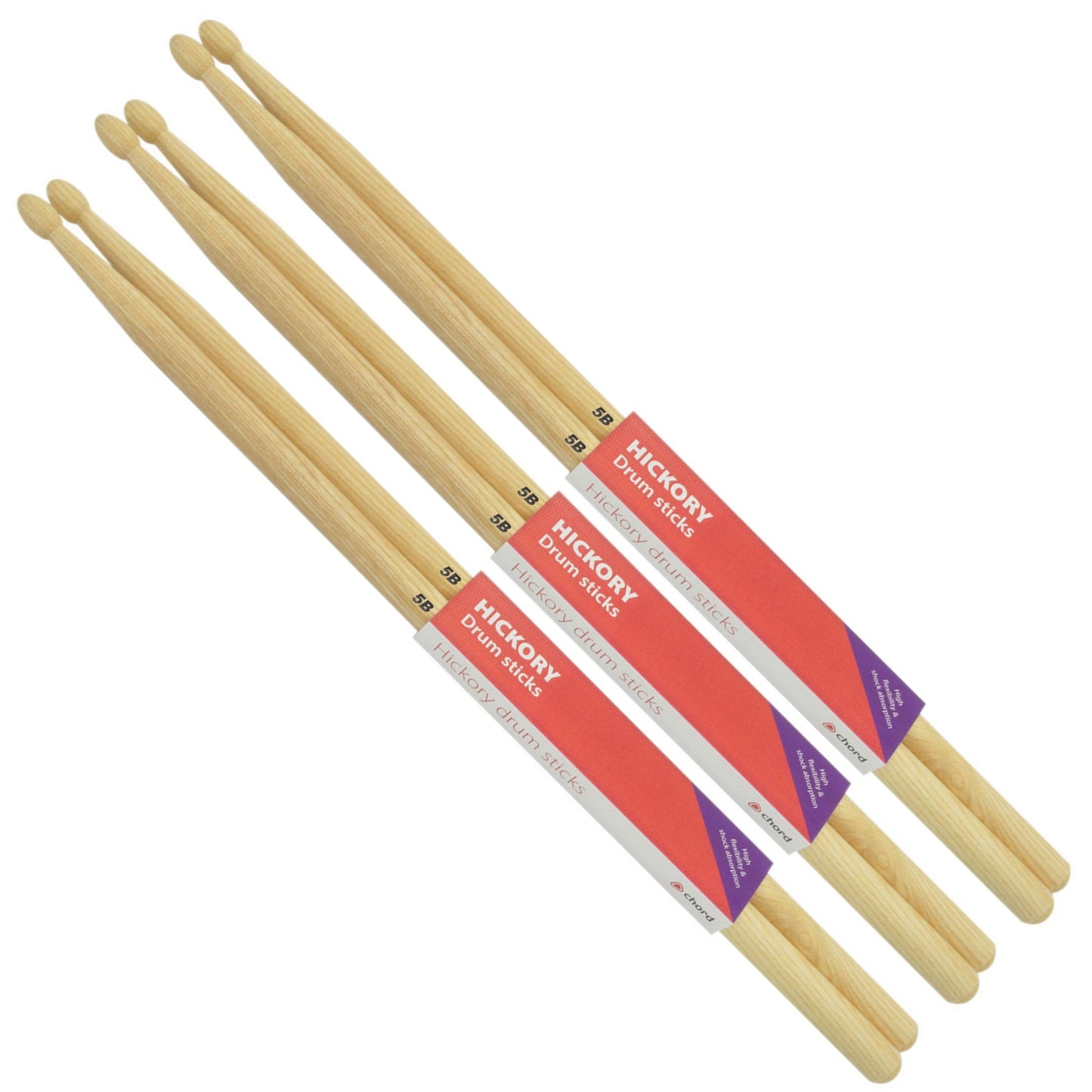 Chord Hickory Drumsticks 5B WOOD TIP Bundle of 3 Pairs