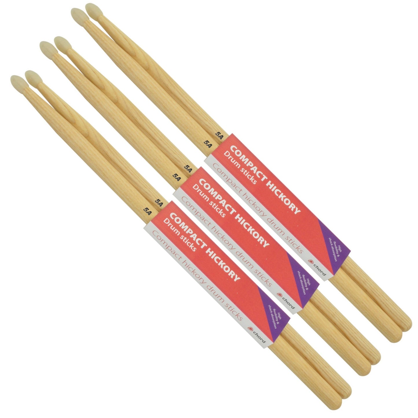 Hickory Drumsticks 5A NYLON TIP Compact Bundle of 3 Pairs