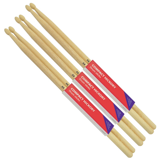 Hickory Drumsticks 5A WOOD TIP Compact Bundle of 3 Pairs