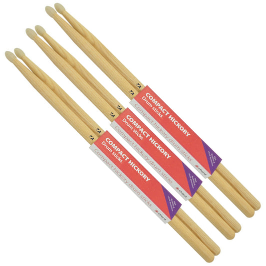Hickory Drumsticks 7A NYLON TIP Compact Bundle of 3 Pairs