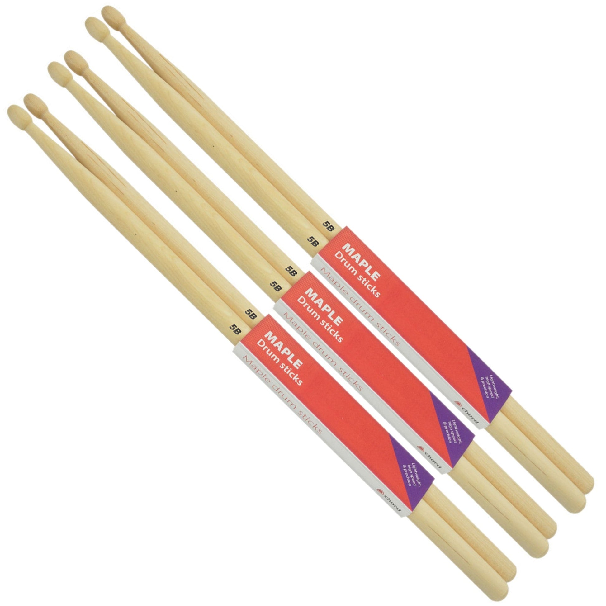 Chord Maple Drumsticks 5B WOOD TIP 3 Pair Bundle