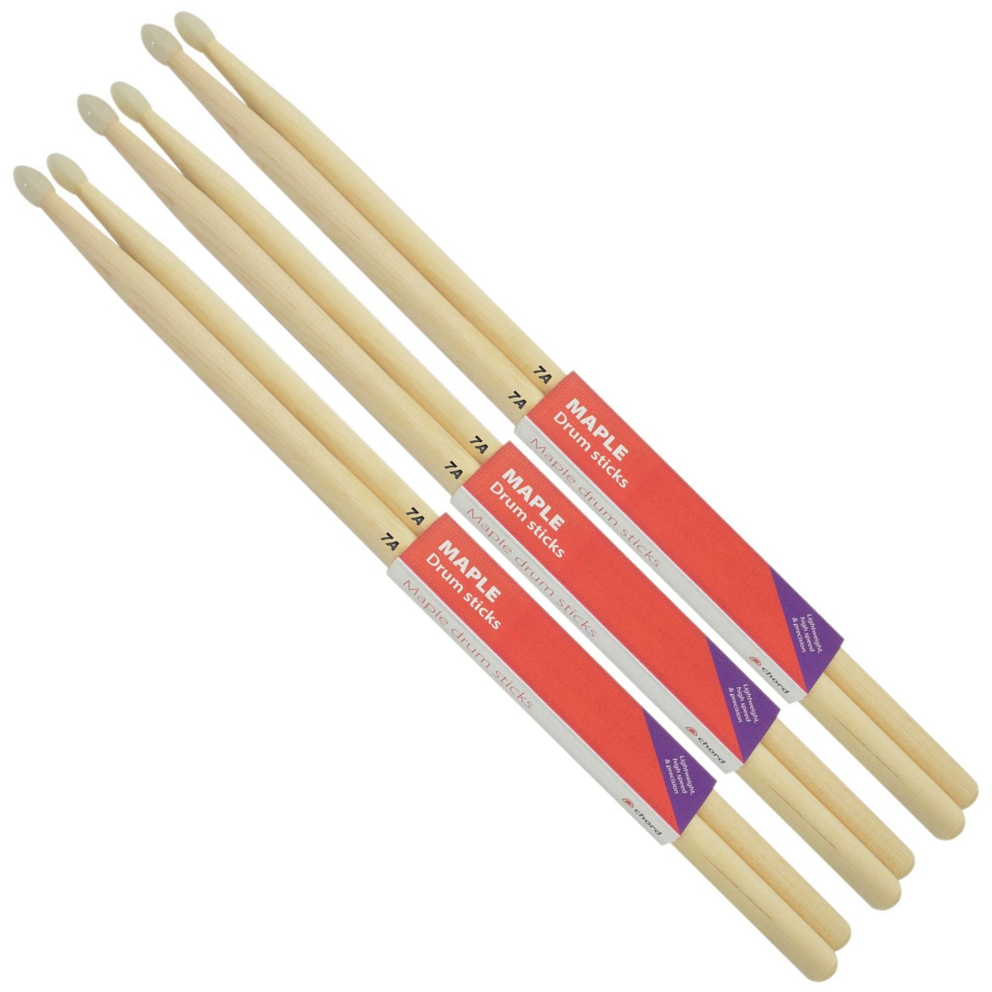 Chord Maple Drumsticks 7A NYLON TIP Bundle 3 Pairs