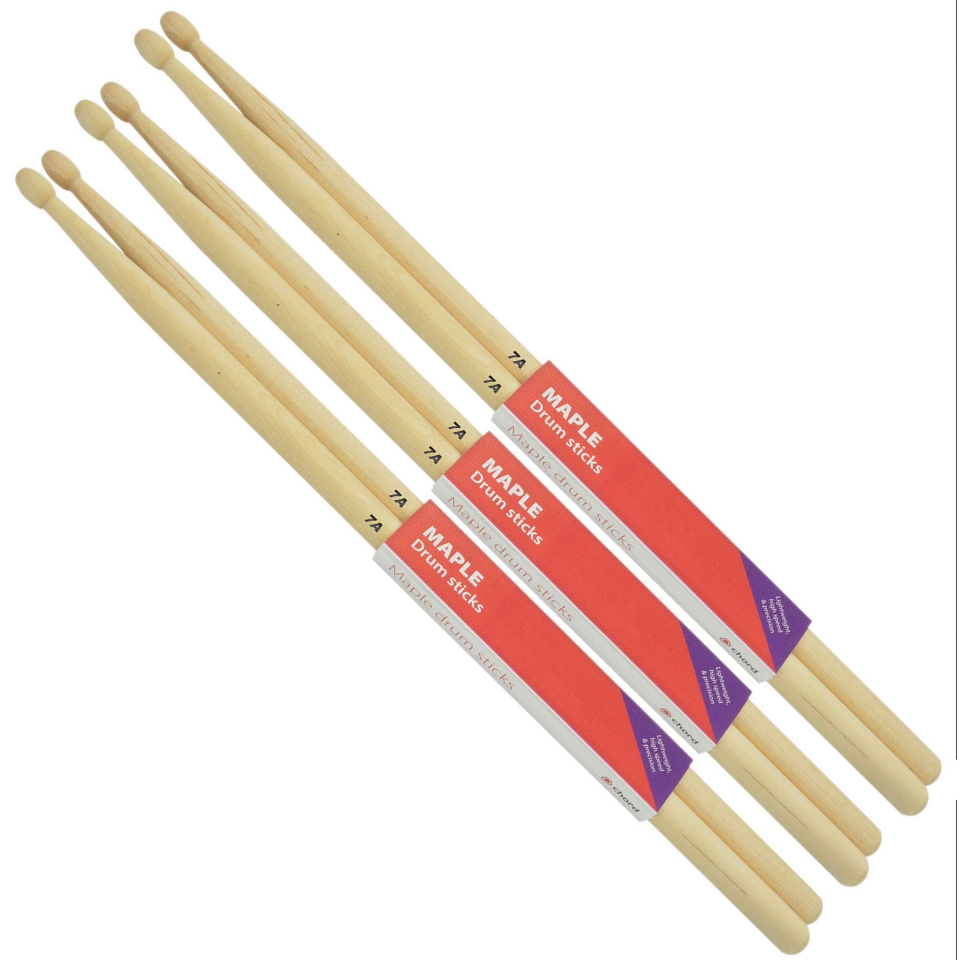Chord Maple Drumsticks 7A WOOD TIP Bundle of 3 Pairs