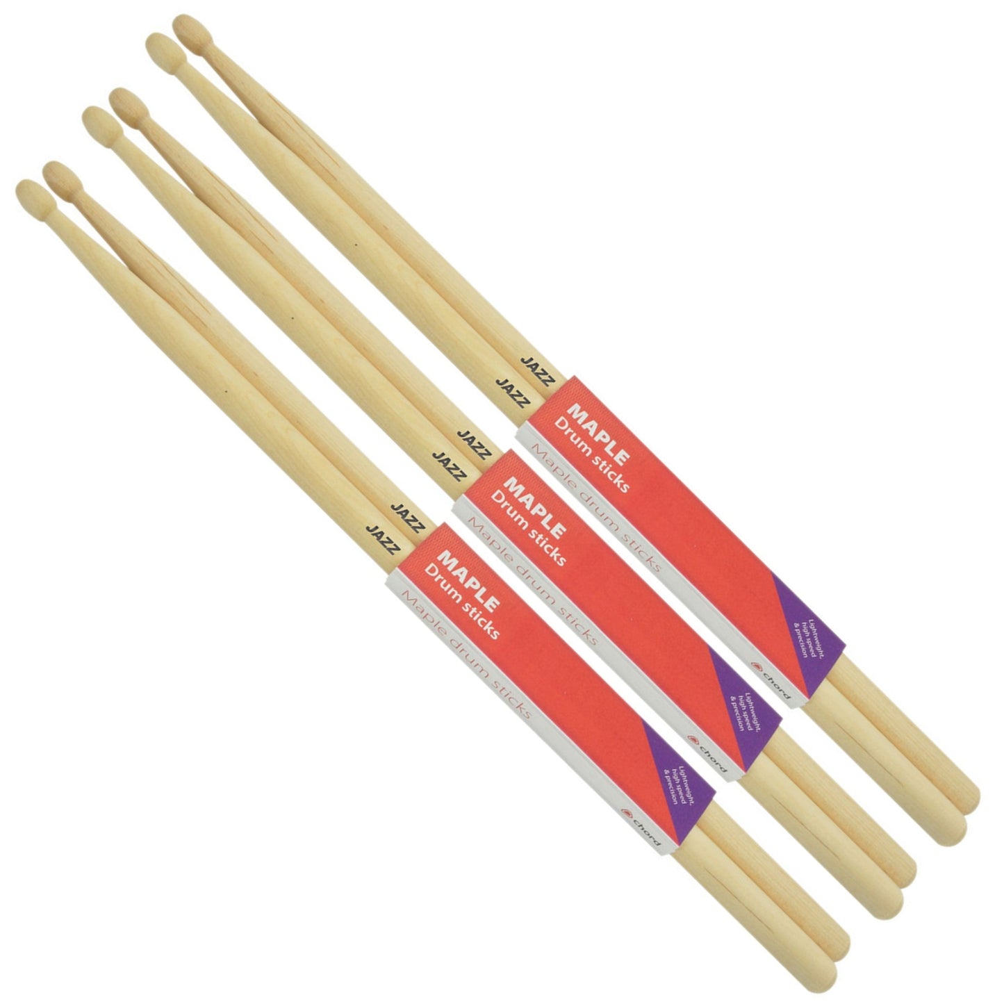 Maple JAZZ Drumsticks WOOD TIP 3 PAIRS CHORD