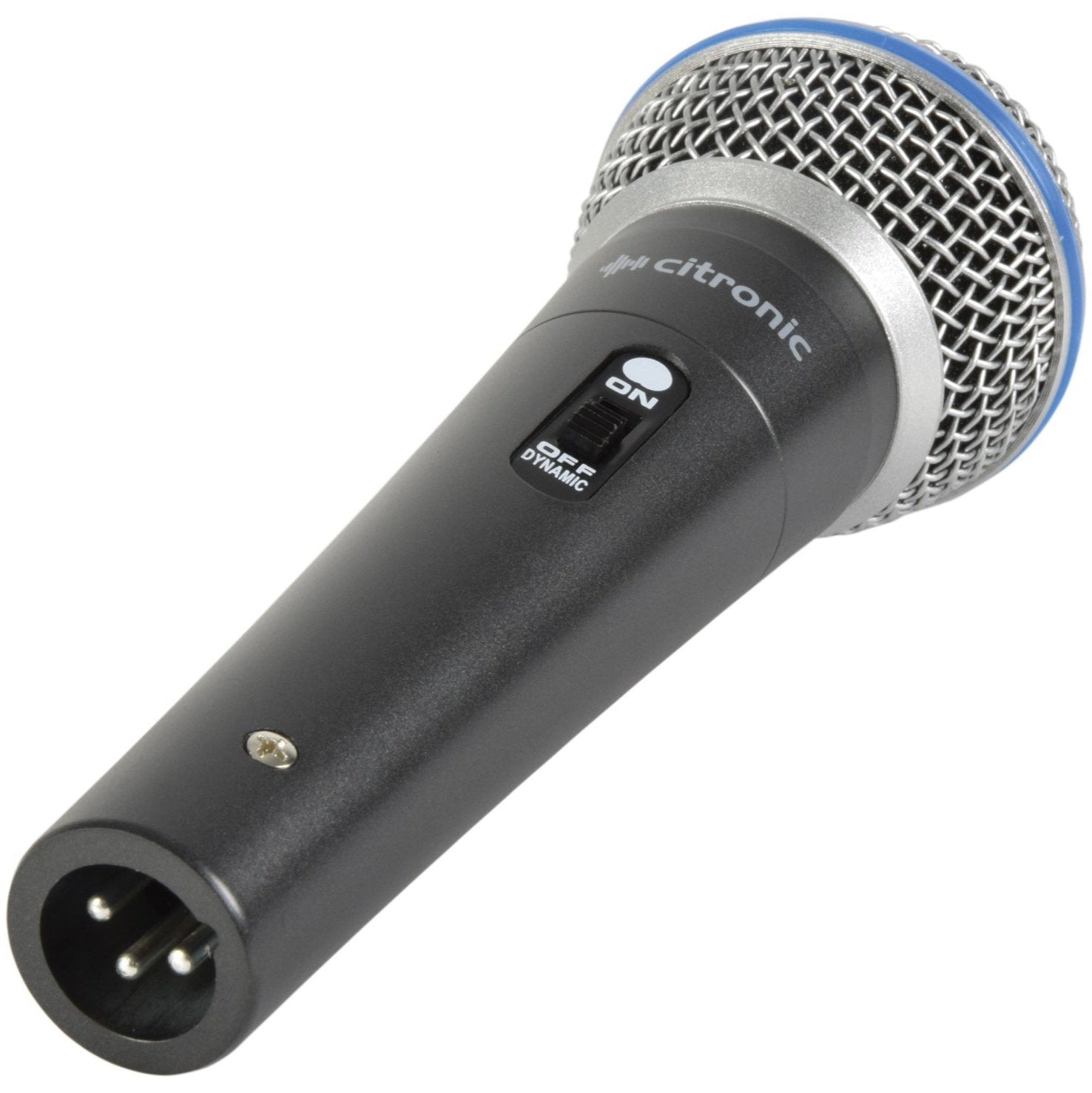 Citronic DM15 dynamic vocal microphone with a metal body, a black colour scheme, a blue trim around the grille, and an XLR connection.