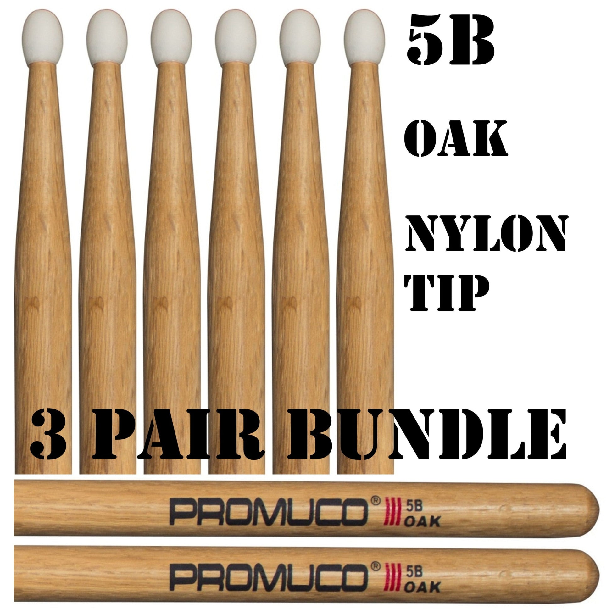Promuco Oak Drumsticks Bundle 3 Pairs 5B Nylon Tip