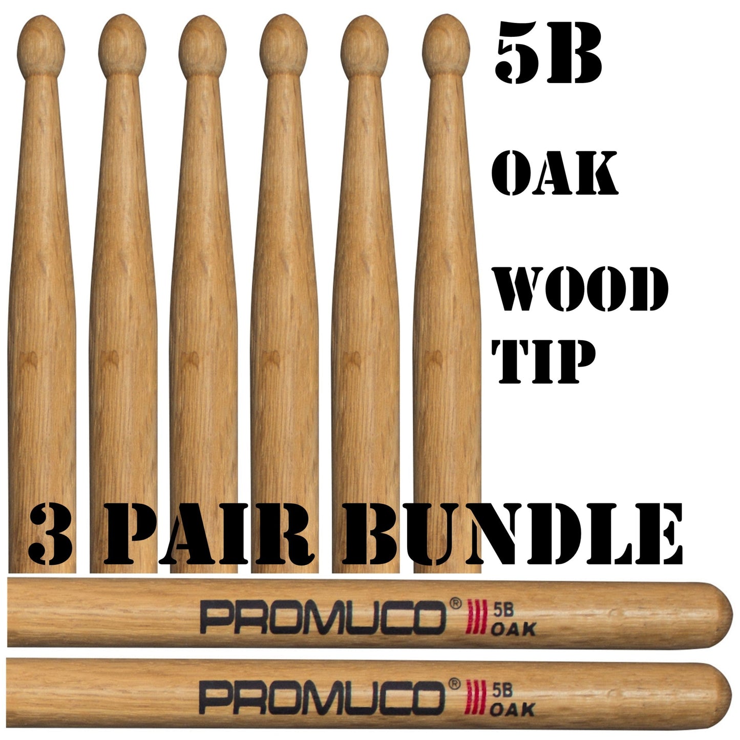 Promuco Oak Drumsticks Bundle 3 Pairs 5B Wood Tip