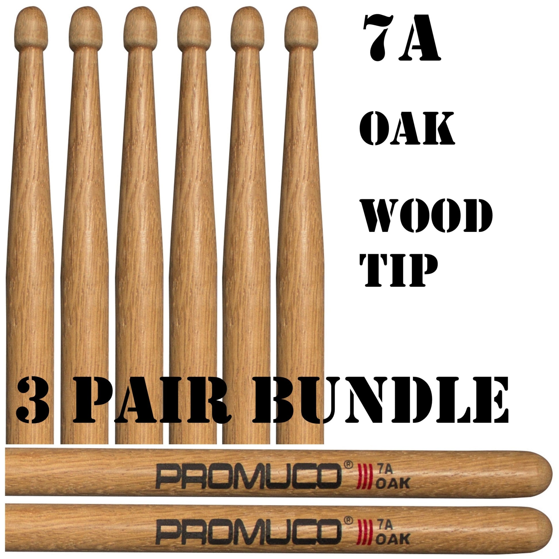 Promuco Oak Drumsticks Bundle 3 Pairs 7A Wood Tip