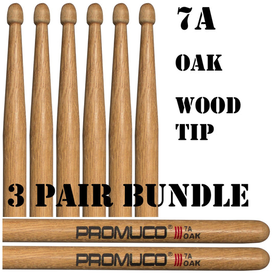 Promuco Oak Drumsticks Bundle 3 Pairs 7A Wood Tip