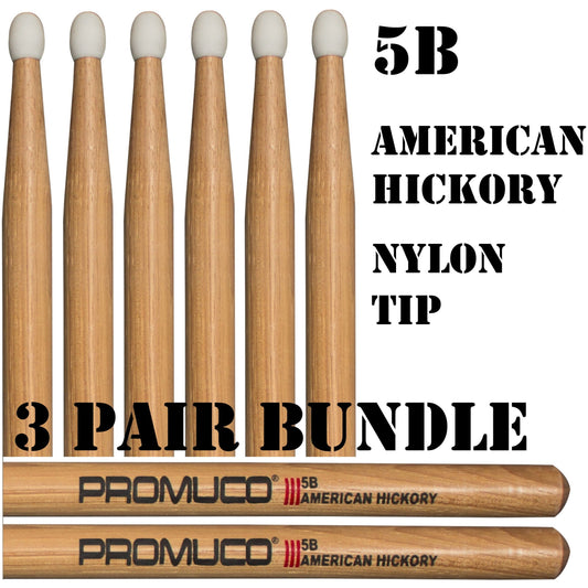 Promuco American Hickory Drumsticks 5B Nylon Tip 3 Pair Bundle